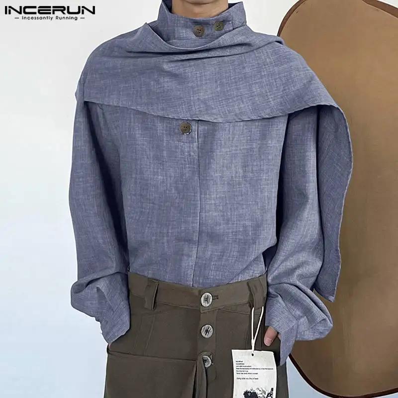 INCERUN 남성용 단색 스탠드 칼라 긴 소매 불규칙 셔츠, 가을 루즈 스트리트웨어 패션, 캐주얼 남성 의류, 2023
